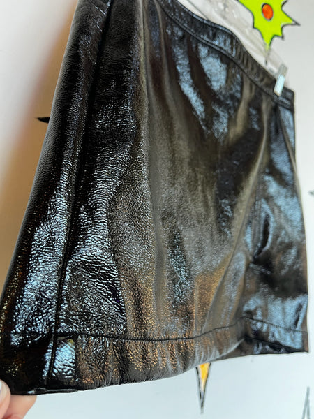 Vintage Y2K Vegan Leather Vinyl Mall Goth Glossy Wet Look Black Mini Skirt L