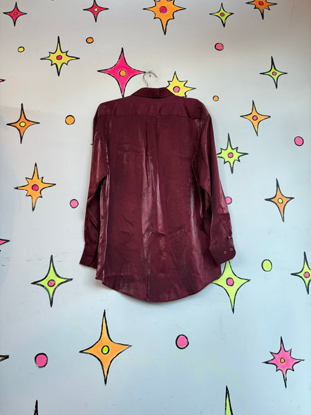 Vintage Burgundy Iridescent Party Shirt 90s Satin Lounge Button Up Men's XL