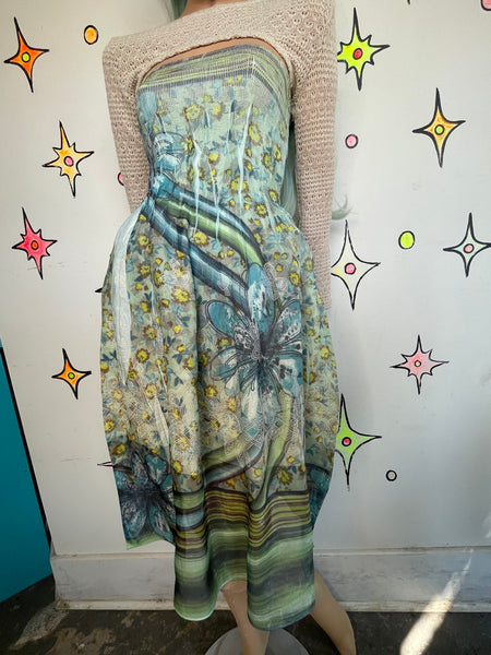Vintage Y2K Teal Aqua Mermaid Fairy Tattoo Print Glam Whimsy Grunge Dress S