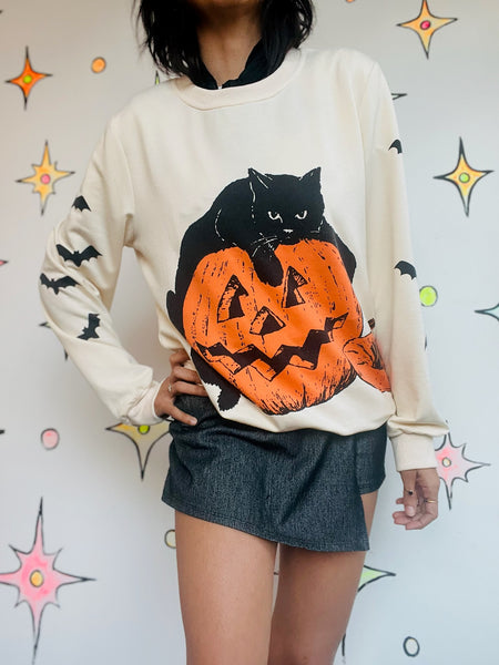 Vintage Halloween Sweater Witchy Black Cat and Pumpkin Size M