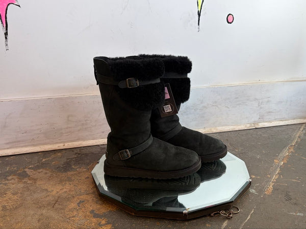 Y2K UGG Australia Sheepskin Genuine Leather Classic Black Winter Boots US 7
