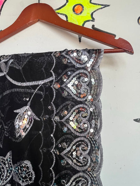 Vintage Black & Red Velvet Fringe Shawl Western Boho Flapper Witchy Goth Scarf