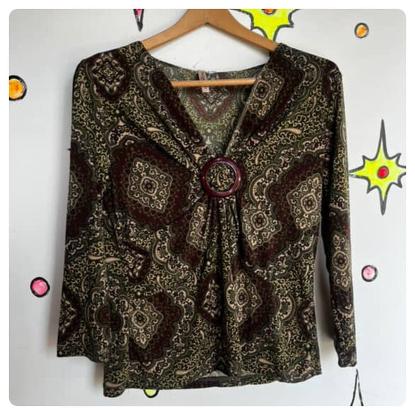 Y2K Green Paisley Fairy Boho Grunge Top - Susan Lawrence Petite - Size PXL
