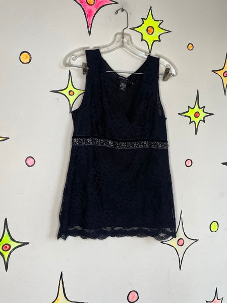 Black Rhinestone Lace Fairy Glam Top | Whimsy Goth Y2K Lingerie Style – M