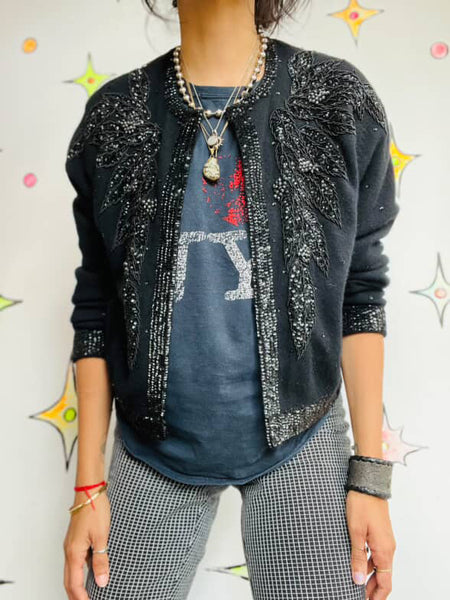 Vintage 1950s | Beaded Black Boho Grunge Whimsy Goth Wool Cardigan Sweater | S