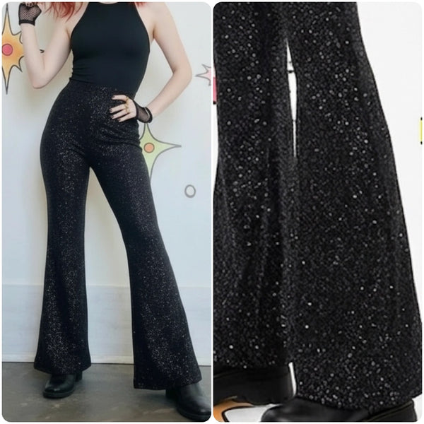 Vintage 90s Y2K Black Fairy Grunge Goth Sparkle Glitter Stretch Flare Pants L