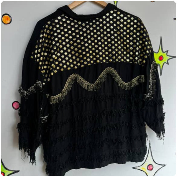 80s Glam Beaded Fringe Crop Top | Black Gold Sequin Festival Party Shirt | Large