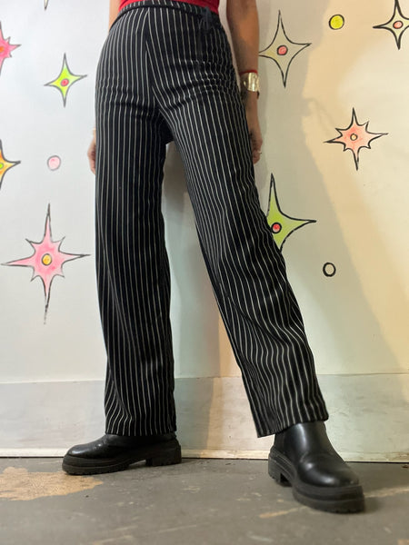 Vintage 90s Y2K Black Fairy Grunge Mall Goth Pinstripe Stretch Flares Pants SM