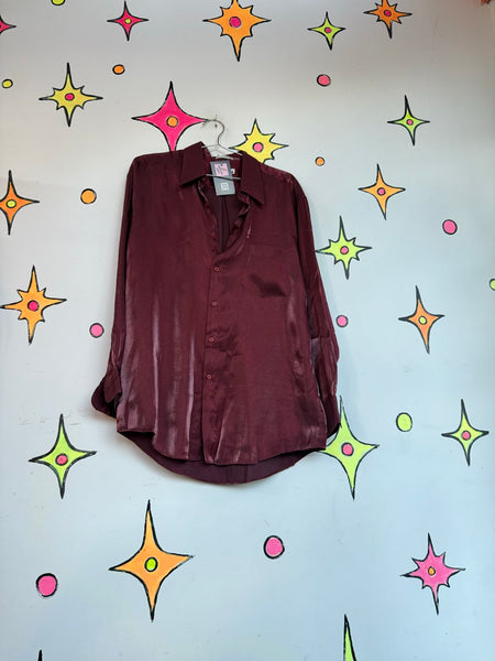 Vintage Burgundy Iridescent Party Shirt 90s Satin Lounge Button Up Men's XL