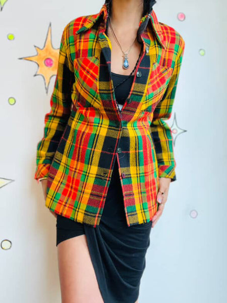 50s 60s Wool Flannel Jacket Colorful Red Green Yellow Clowncore Boho Grunge - M