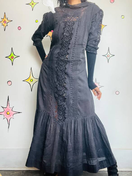 Antique Cotton Lingerie Dress - Late 1900s – Early 1910s Black Lace Goth