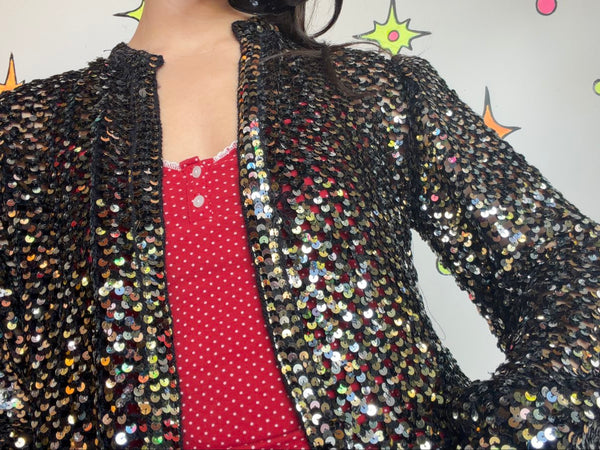 Vintage 70s Gold Silver Disco Bomber Jacket Metallic Retro Party Jacket | S M