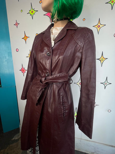 Vintage 70s Cherry Brown Leather Trench Coat Boho Grunge As-Is Distressed M/L