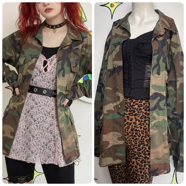 Vintage 90s Camo Military Jacket - Thrashed Grunge Utility Coat - M/L
