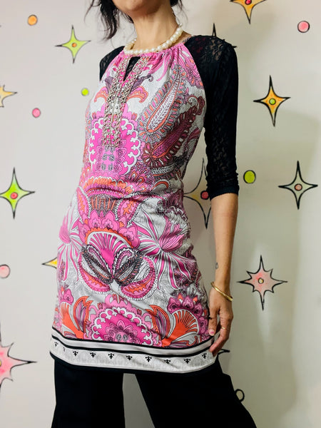 Vintage 90s Retro 60s 70s Mod GoGo Psychedelic Pink Paisley Mini Party Dress PS