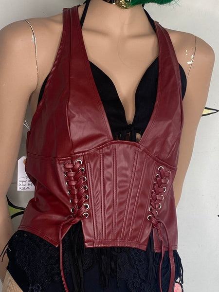 Red Vegan Leather Corset Top Lace Up Siren Y2K Indie Sleaze Western Mall Goth SM