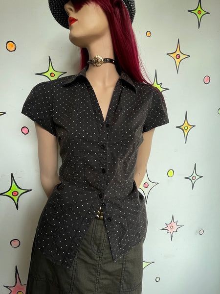 Vintage 90s Polka Dot Button Up Blouse Preppy Mall Goth Wardrobe Staple M