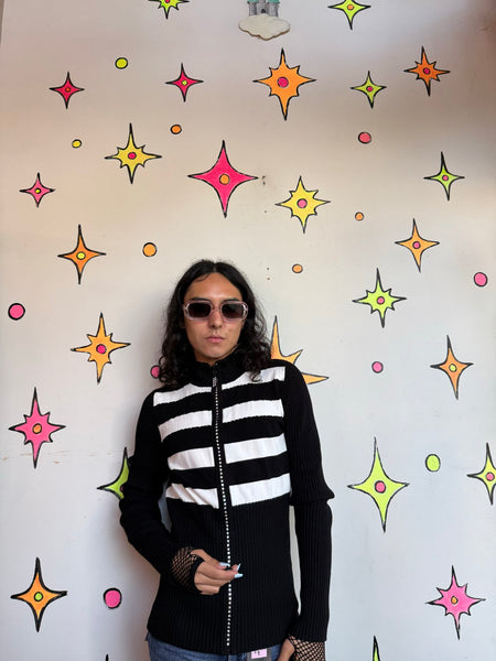 Y2K Beaded Zip Cardigan | Black White Rhinestone Striped Indie Sleaze Sweater S