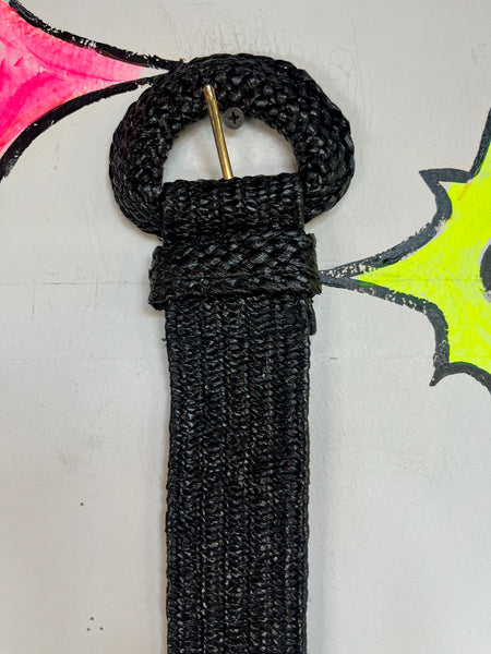 Vintage 1980s Black Woven Raffia Waist Cincher Belt – Whimsy Goth – One Size