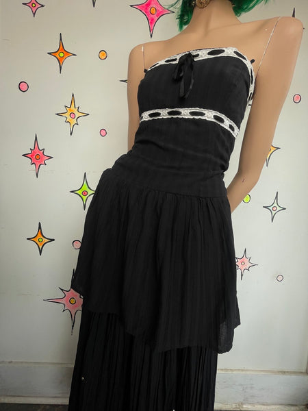 90s Y2K Vintage Black Whimsygoth Babydoll Dress White Lace Trim Lolita Mini S/M