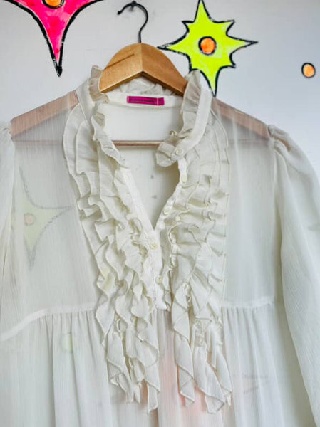 Vintage 90s Y2K Sheer White Ruffle Neck Pirate Victorian Dress Romantic Boho | M