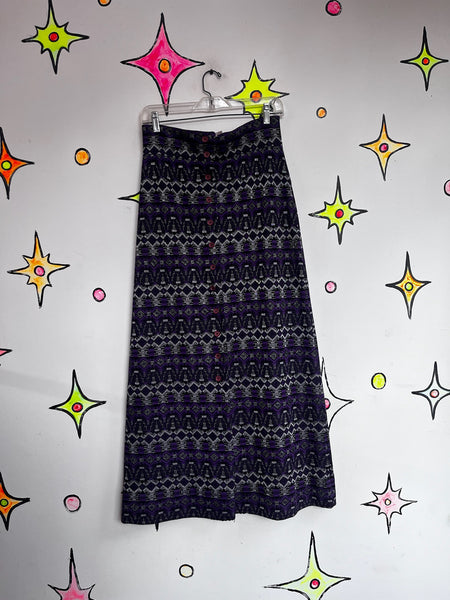 70s Purple & Silver Geometric Print Maxi Skirt Groovy Polyester Retro Boho M
