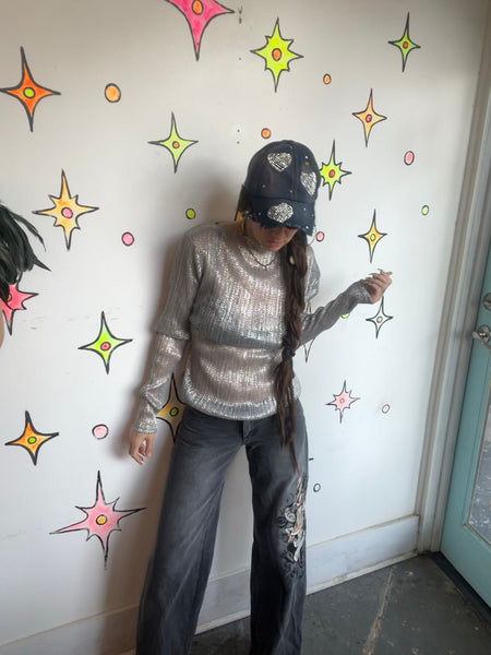 Y2K Cyber Glam Silver Sheer Metallic Mock Neck Top Galactic Disco Layering Top S