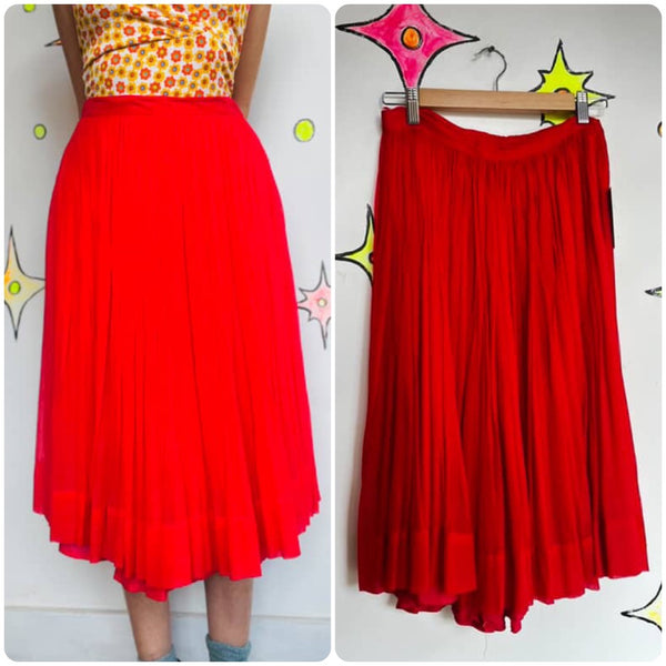 Vintage 50s 60s Bright Red Pleated Full Twirl Skirt Tulle Sheer Chiffon Layers S