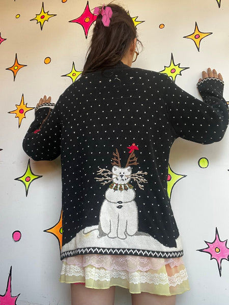 80s Quacker Factory Christmas Sweater Tacky Ugly Christmas Cat Snowman Tree M