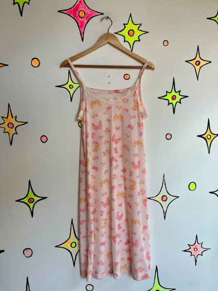 Vintage 60s 70s Pink Butterfly Print Nighty Slip Dress ' Fairy Grunge ' S/M