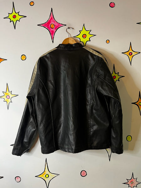 Vintage Y2K Striped Moto Racing Jacket – Vegan Leather – Double Stripe – Large