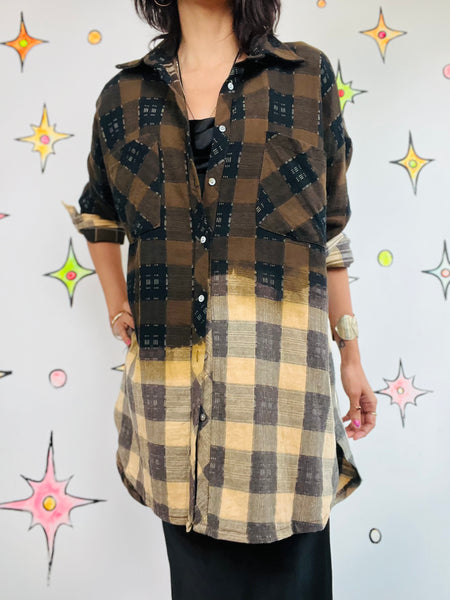 Y2K Brown Boho Grunge Plaid Patchwork Flannel Oversized Boyfriend Shirt M