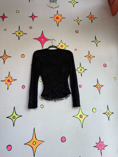 90s Black Sparkle Top Beaded Fringe Witchy Goth Glitter Stretch Wrap Blouse M