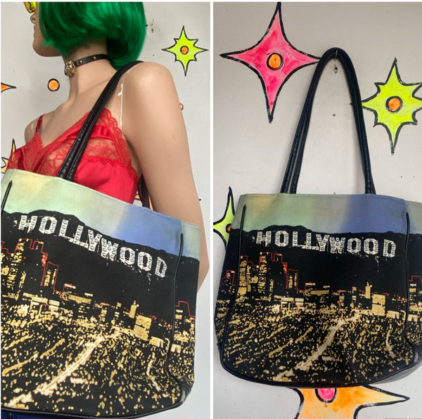 Vintage 90s Sequined Hollywood City Bag Vintage Souvenir Glam Kitsch Tote