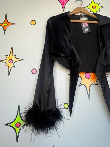 Black Wrap Crop Blouse with Feather Trim | Glam Goth Y2K Statement Top – M