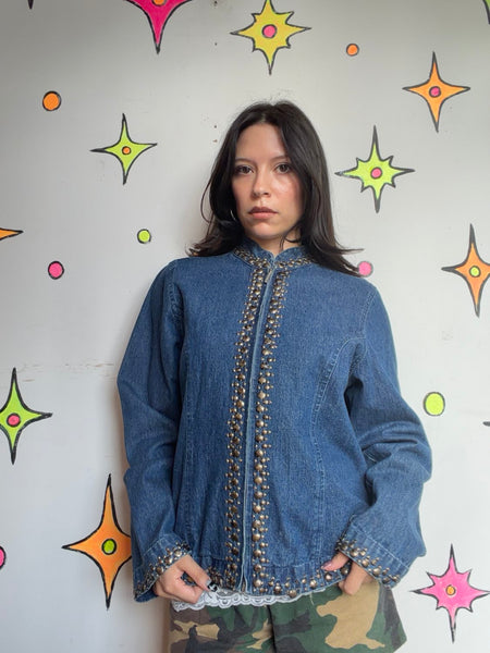 Y2K Beaded Denim Jacket | Embellished Rhinestone Indie Sleaze McBling Glam L