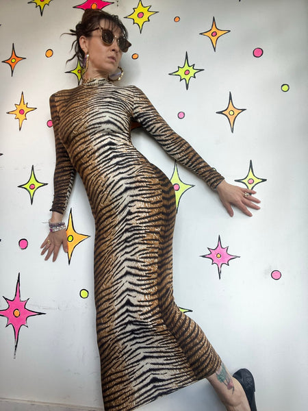 Tiger Print Maxi Dress Y2K Animal Print Bodycon Goth Grunge Stretch Dress | M