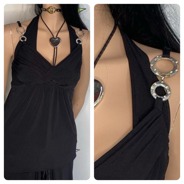 Y2K Black Cami Silver Hardware Top | Emo Fairy Whimsy Goth Glam Tank – M