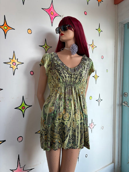 Y2K Moss Green Tattoo Print Ed Hardy Inspired Mall Goth Tunic Mini Dress | M/L