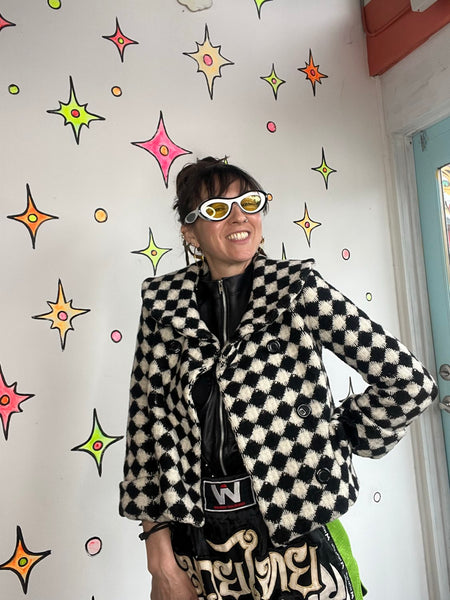 Y2K Black & White Vegan Fur Crop Coat Harlequin Clowncore Glam 60s Style - S