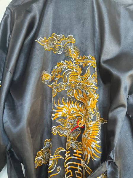 Vintage Black & Gold Satin Embroidered Kimono Lounge Robe w Dragon Size M-L