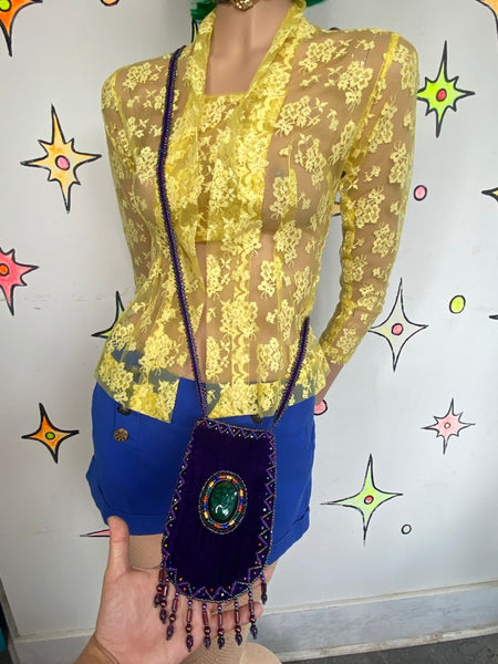 Bohemian Purple Velvet Beaded Crossbody Mini Pouch Fairycore Festival Boho
