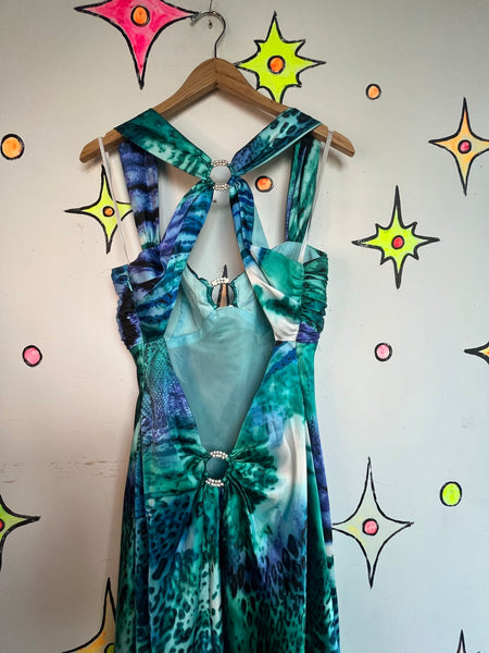 Y2K Betsy and Adam Teal Animal Print Formal Gown Prom Dress Size M/10