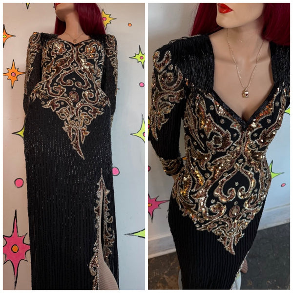 80s Black & Gold Beaded Silk Gown Fringe High Slit Old Money Mob Wife Glam S