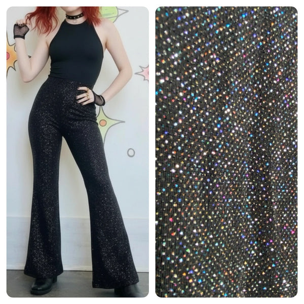 Vintage 90s Y2K Black Fairy Grunge Goth Sparkle Glitter Stretch Flare Pants L