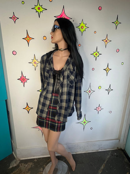 Vintage 90s Navy Blue Plaid Hooded Flannel Shirt Grunge Fairy Academia Size L