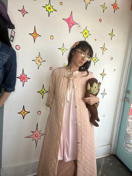 Vintage 50s 60s Pastel Pink Quilted Lounge Babydoll Nighty Robe Cozy Housecoat S