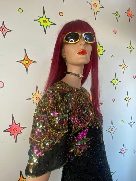 True Vintage 80s Funky Swirly Sequined Silk Midi Dress Formal Editorial Glam L