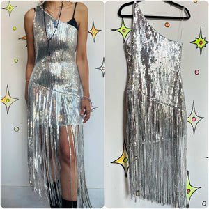 Silver Fringe Flapper Disco Cowgirl Dress - 1920s-Inspired Party Glam - Small