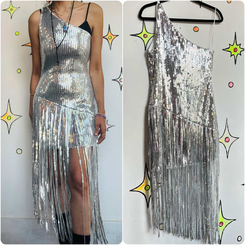 Silver Fringe Flapper Disco Cowgirl Dress - 1920s-Inspired Party Glam - Small